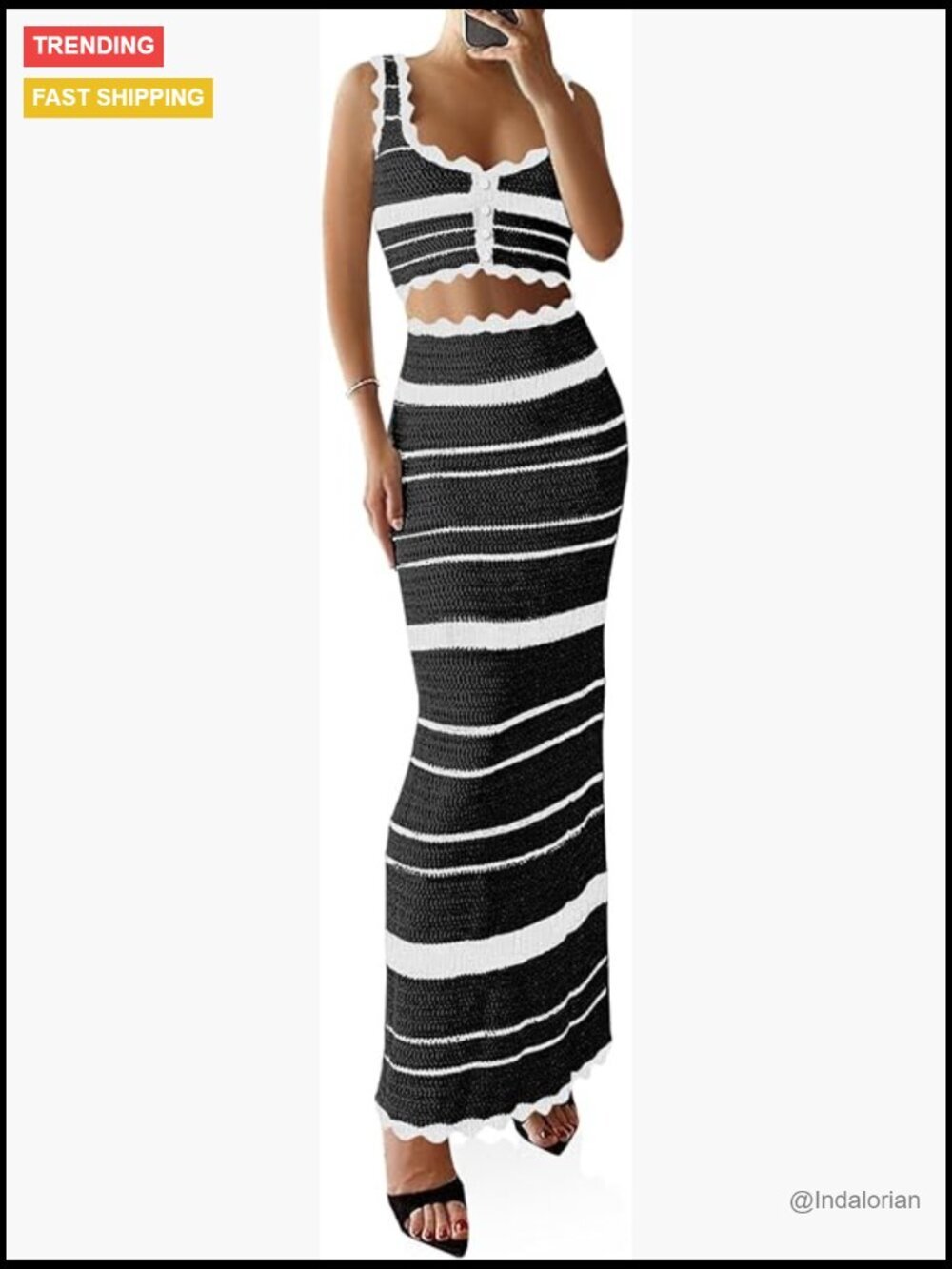 Striped Crochet Knit Coverup 2 Piece Set - Tank Top & Maxi Skirt